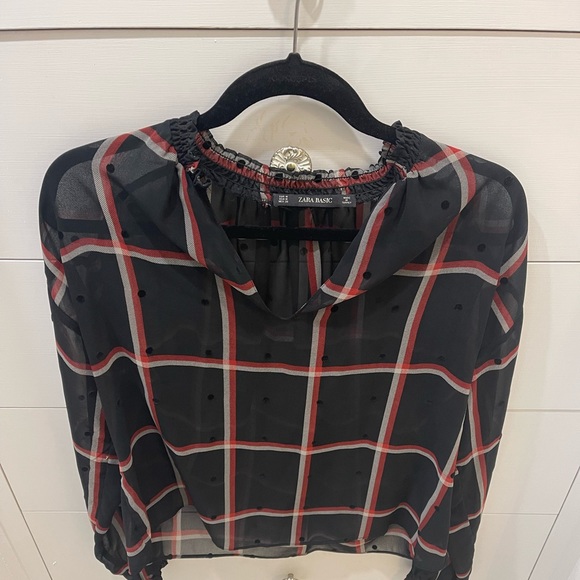 Zara windowpane blouse with subtle velvet dots size M - Picture 8 of 8